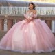 Corset See Through Bodice Off The Shoulder Pink Quinceanera Dresses 