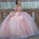 Corset See Through Bodice Off The Shoulder Pink Quinceanera Dresses 