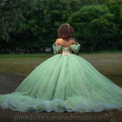 2024 Sagr Green Quince Dress Off Shoulder Wear Pageant Lace Appliques Birthday Party Robe Sweetheart Neck Vestidos De 15 Anos