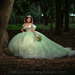 2024 Sagr Green Quince Dress Off Shoulder Wear Pageant Lace Appliques Birthday Party Robe Sweetheart Neck Vestidos De 15 Anos