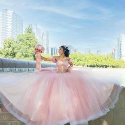 Corset See Through Bodice Off The Shoulder Pink Quinceanera Dresses 