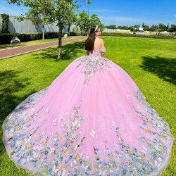 3D Flowers Off Shoulder Quince Dress Pink Vestidos De 15 Anos Sweetheart Neck Vestidos De XV Anos