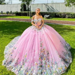 3D Flowers Off Shoulder Quince Dress Pink Vestidos De 15 Anos Sweetheart Neck Vestidos De XV Anos