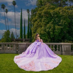 3D Flowers Vestidos De 15 Anos Sweetheart Neck Lilac Quinceanera Dress Sequin Off Shoulder Sweet 15 Gowns With Bow