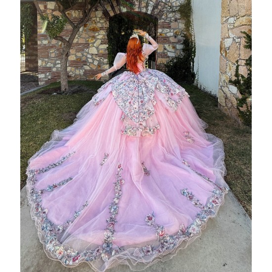 Ball Gown Lilac Quinceanera Dresses Long Sleeve Vestidos De 15 Anos Crystal Appliques Princess Birthday Gowns