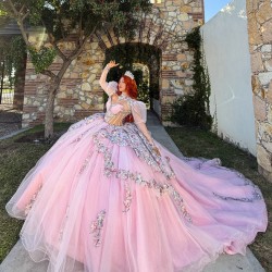 Ball Gown Lilac Quinceanera Dresses Long Sleeve Vestidos De 15 Anos Crystal Appliques Princess Birthday Gowns