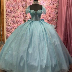 Beaded Blue Floral Ball Gown Sequin Quinceanera Sweet 16 Dresses Cape Sleeve Vestidos De 15 Anos