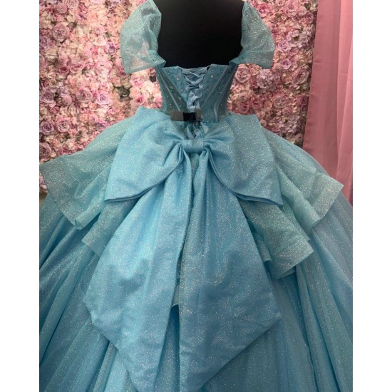 Beaded Blue Floral Ball Gown Sequin Quinceanera Sweet 16 Dresses Cape Sleeve Vestidos De 15 Anos