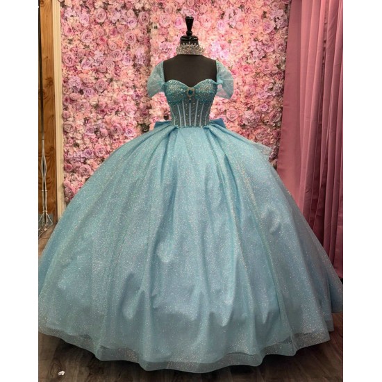 Beaded Blue Floral Ball Gown Sequin Quinceanera Sweet 16 Dresses Cape Sleeve Vestidos De 15 Anos