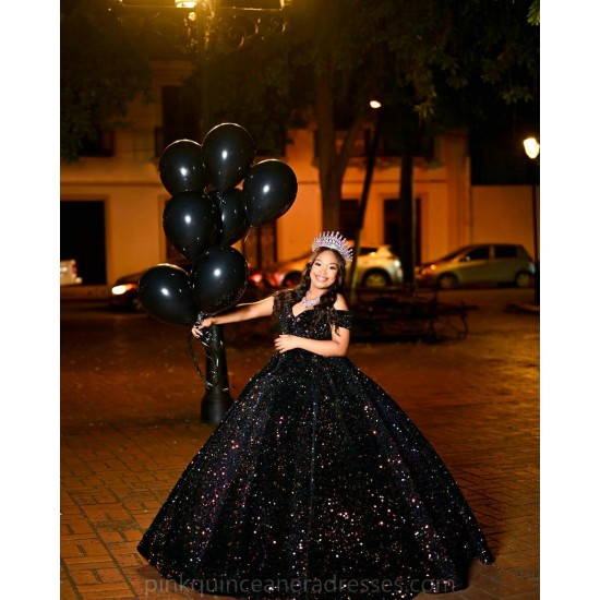 Sequin Birthday Party Robe Black Quince Dress Off Shoulder Wear Pageant Sweetheart Neck Vestidos De 15 Anos