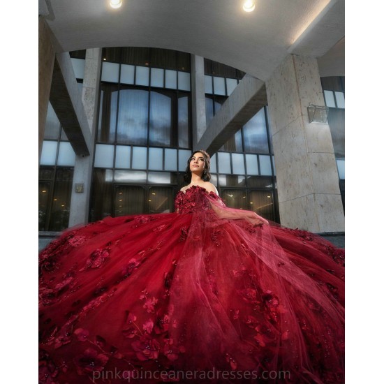 Sweetheart Neck Burgundy Quince Dress Vestidos De 15 Anos Off Shoulder 3D Flowers Women 2024 Ball Gown With Cape