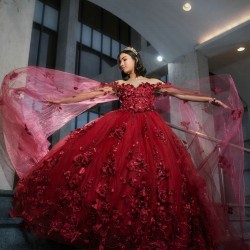 Sweetheart Neck Burgundy Quince Dress Vestidos De 15 Anos Off Shoulder 3D Flowers Women 2024 Ball Gown With Cape