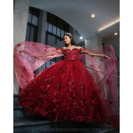 Sweetheart Neck Burgundy Quince Dress Vestidos De 15 Anos Off Shoulder 3D Flowers Women 2024 Ball Gown With Cape