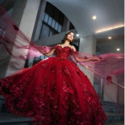 Sweetheart Neck Burgundy Quince Dress Vestidos De 15 Anos Off Shoulder 3D Flowers Women 2024 Ball Gown With Cape