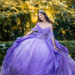 Butterfly Neckline Vestidos De 15 Anos Purple Quinceanera Dress Sequin Off Shoulder Instagram Gowns With Bow