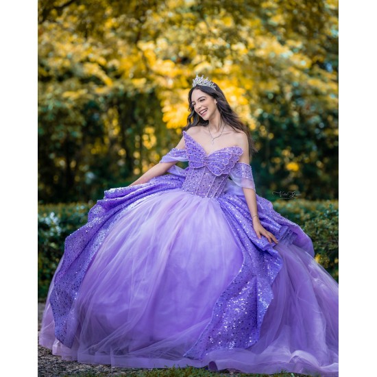 Butterfly Neckline Vestidos De 15 Anos Purple Quinceanera Dress Sequin Off Shoulder Instagram Gowns With Bow