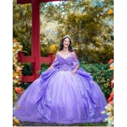 Butterfly Neckline Vestidos De 15 Anos Purple Quinceanera Dress Sequin Off Shoulder Instagram Gowns With Bow