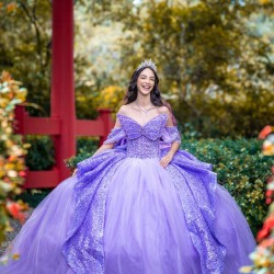 Butterfly Neckline Vestidos De 15 Anos Purple Quinceanera Dress Sequin Off Shoulder Instagram Gowns With Bow