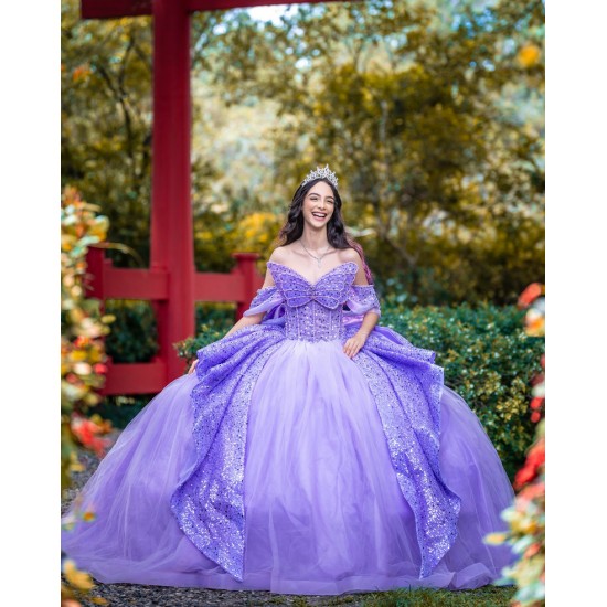 Butterfly Neckline Vestidos De 15 Anos Purple Quinceanera Dress Sequin Off Shoulder Instagram Gowns With Bow