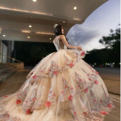 Sweetheart Neck Champagne Quince Dress Sequin Vestidos De 15 Anos Sleeveless 3D Flowers Women 2024 Ball Gown