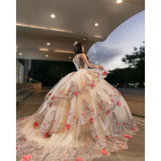 Sweetheart Neck Champagne Quince Dress Sequin Vestidos De 15 Anos Sleeveless 3D Flowers Women 2024 Ball Gown