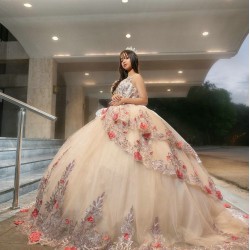 Sweetheart Neck Champagne Quince Dress Sequin Vestidos De 15 Anos Sleeveless 3D Flowers Women 2024 Ball Gown