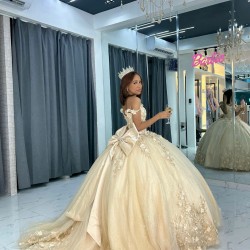 Sweetheart Champagne Quince Dress Wear Pageant Lace Appliques Women 2024 Ball Gown Vestidos De 15 Anos With Bow