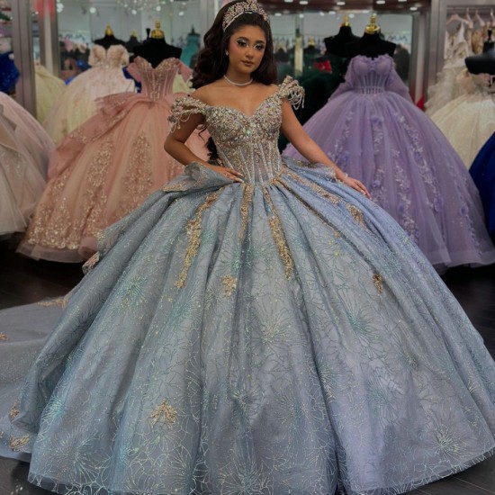 Customized Glitter Lace Tulle Ball Gown Lavender Quinceanera Dresses Crystal Birthday Party Dress