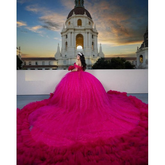 Customized Hot Pink Quinceanera Dress Tiered Ball Gown Gold Lace Applique Sweet 16 Vestidos De 15 Anos