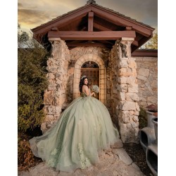 Customized Sage Green Quinceanera Dress Off Shoulder Ball Gown Applique Lace Sweet 16 Vestidos De 15 Anos