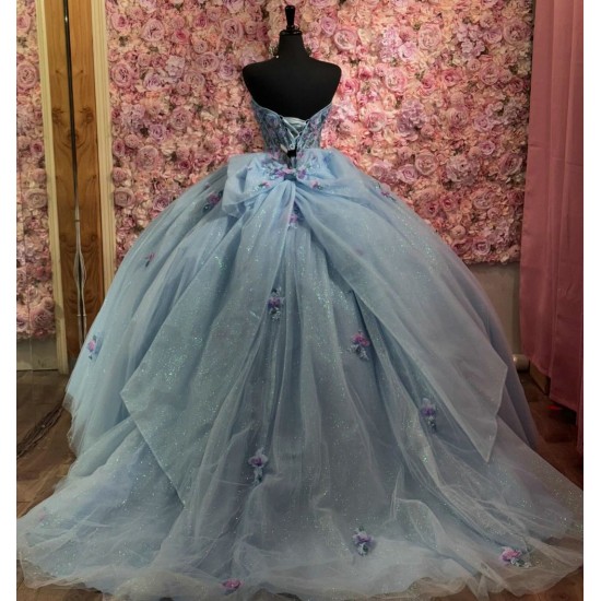 Customized Sky Blue Quinceanera Dress Ball Gown Gold Lace Applique Sweet 16 Vestidos 15 Anos With Bow