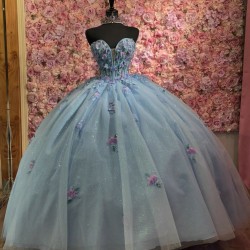 Customized Sky Blue Quinceanera Dress Ball Gown Gold Lace Applique Sweet 16 Vestidos 15 Anos With Bow