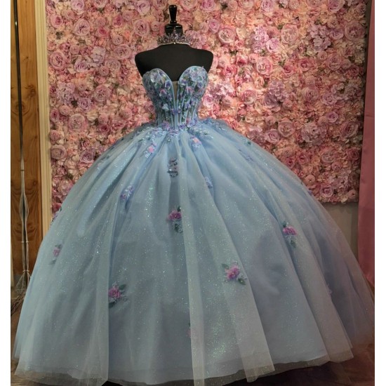 Customized Sky Blue Quinceanera Dress Ball Gown Gold Lace Applique Sweet 16 Vestidos 15 Anos With Bow