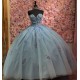 Customized Sky Blue Quinceanera Dress Ball Gown Gold Lace Applique Sweet 16 Vestidos 15 Anos With Bow