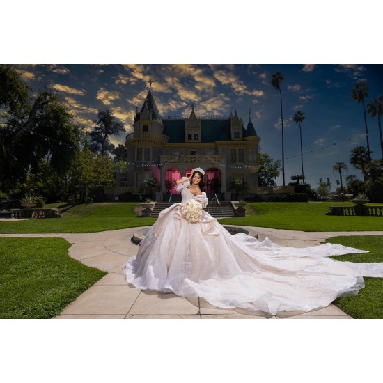 Detachable Sleeve Champagne Quinceanera Dress Sweet 15 Gowns Sequin Vestidos De 15 Anos With Bow