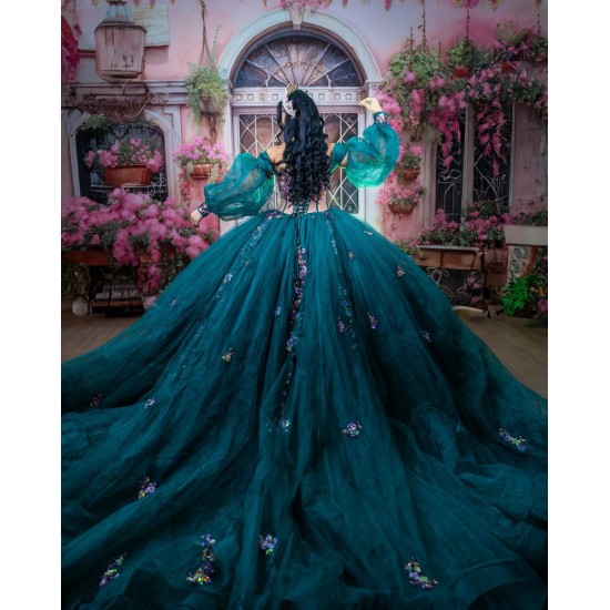 Detachable Sleeve Quince Dress Green Vestidos De 15 Anos 3D Flowers Sweetheart Neck Vestidos De XV Anos