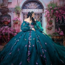 Detachable Sleeve Quince Dress Green Vestidos De 15 Anos 3D Flowers Sweetheart Neck Vestidos De XV Anos