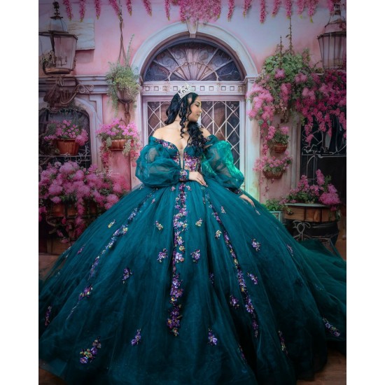 Detachable Sleeve Quince Dress Green Vestidos De 15 Anos 3D Flowers Sweetheart Neck Vestidos De XV Anos