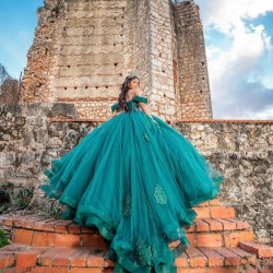 Off Shoulder Emerald Green Quince Dress Detachable Wear Pageant Lace Appliques Birthday Party Robe Sweetheart Neck Vestidos De 15 Anos