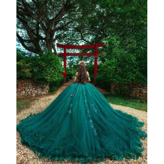 Off Shoulder Vestidos De 15 Anos Emerald Green Quince Dress V Neck Wear Pageant Lace Appliques Women 2024 Ball Gown