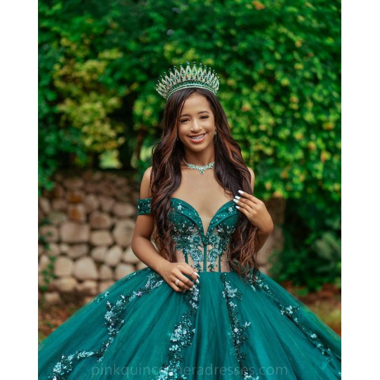 Off Shoulder Vestidos De 15 Anos Emerald Green Quince Dress V Neck Wear Pageant Lace Appliques Women 2024 Ball Gown