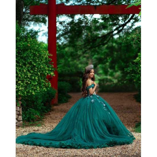 Off Shoulder Vestidos De 15 Anos Emerald Green Quince Dress V Neck Wear Pageant Lace Appliques Women 2024 Ball Gown