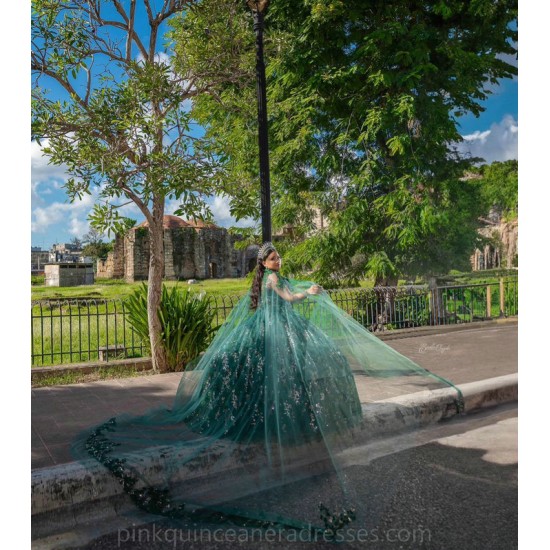 Off Shoulder Emerald Green Quince Dress Sweetheart Neck Vestidos De 15 Anos Wear Pageant Sequin Women 2024 Ball Gown With Cape Sleeve