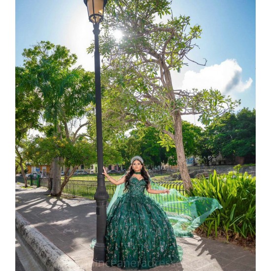 Off Shoulder Emerald Green Quince Dress Sweetheart Neck Vestidos De 15 Anos Wear Pageant Sequin Women 2024 Ball Gown With Cape Sleeve