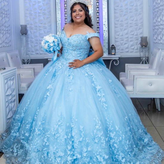 Glitter 2024 Sky Blue Quinceanera Dress Ball Gown 3D Lace Applique Beading With Bow Corset Sweet 16 Vestido De 15 Anos