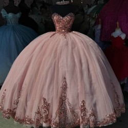 Glitter Pink Quinceanera Dress Sweetheart Neck Ball Gown Crystal Corset Sweet 16 Vestidos De 15 Anos