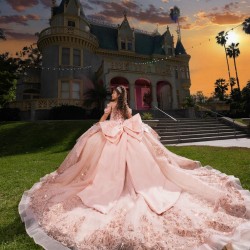 Glitter Rose Gold Quinceanera Dress Ball Gown Lace Applique Beading Crystal Corset Sweet 16 Vestido De 15 Anos