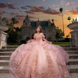 Glitter Rose Gold Quinceanera Dress Ball Gown Lace Applique Beading Crystal Corset Sweet 16 Vestido De 15 Anos