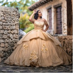 Sweetheart Neck Gold Quinceanera Dress Girls Sequin Ball Gown Sweet 16 Dresses 3D Flowers Vestidos De 15 Anos