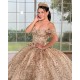 Gold Vestidos De 15 Anos Sweetheart Neck Quinceanera Dress Sequin Off Shoulder Sweet 15 Gowns With 3D Flowers